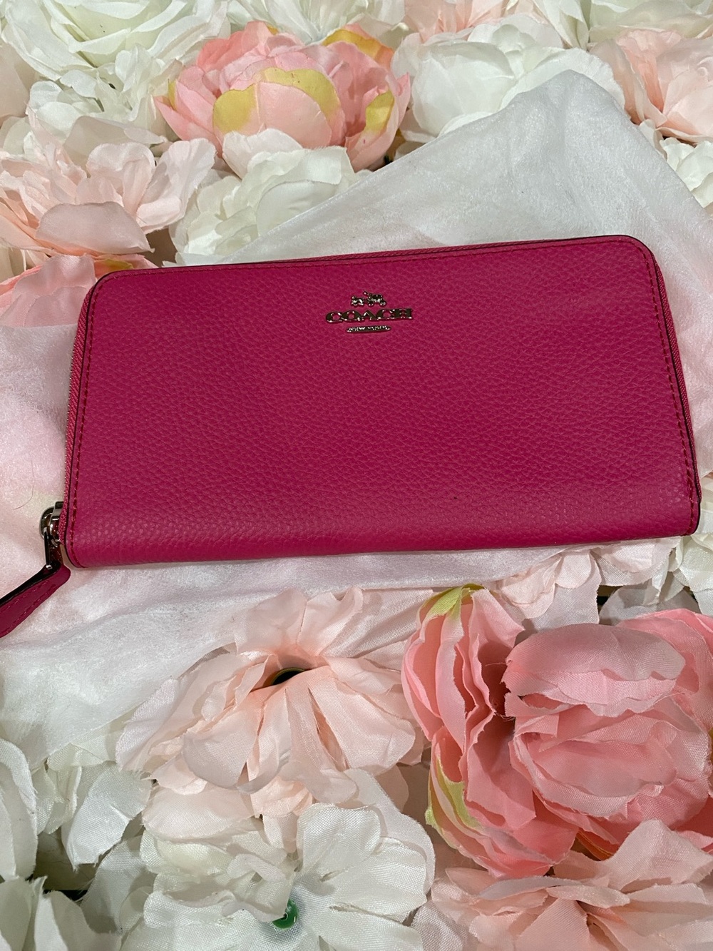 Coach Pink Zip-Around Pebble Leather Wallet